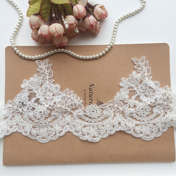Sell By Yard alencon lace trim, ivory bridal lace trim, wedding veil lace trim, Rayon Material Lace Trim, white is out of stock