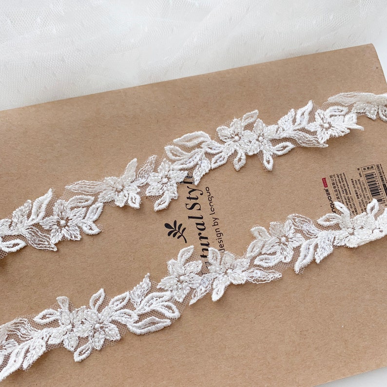 Fancy 3cm wide Floral Embroidery Sequined Beaded Light Ivory Bridal Hem Lace Trim, Small Narrow Beaded Wedding Veil Lace Trims, Sell by yard Light ivory