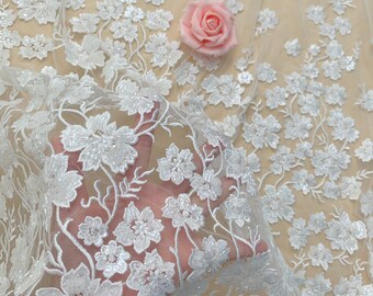 Tessuto di pizzo da sposa con ricami floreali in 3D molto lussuoso e pesante, pizzo da sposa, venduto tagliato su misura