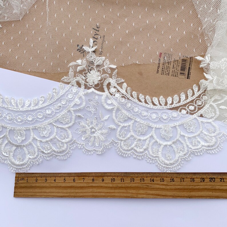 Waves Beaded Light Ivory Embroideried Bridal Lace Trim, Wedding Veil Lace Trims, Neckline lace trim, Sell by yard image 3