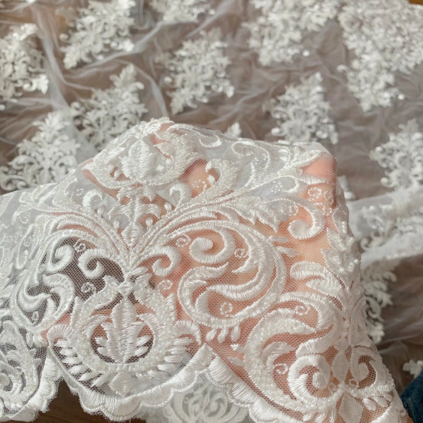 Tissu de dentelle de mariée perlé lourd haut de gamme, tissu de dentelle de mariage ivoire léger, vendre par verge