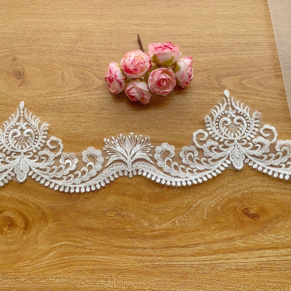 High End Luxury Beaded Bridal Lace Trim, Light Ivory Lace Trim vendono tagliato a misura