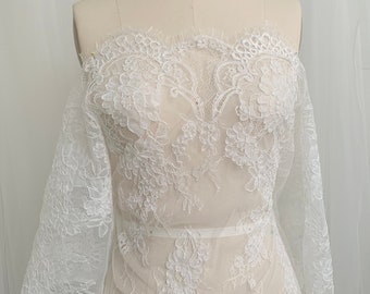 3 meters Long X 1.45 meters Wide Off White Corded Chantilly Bridal Lace Fabric, Corded Eyelash lace, Sell By Piece