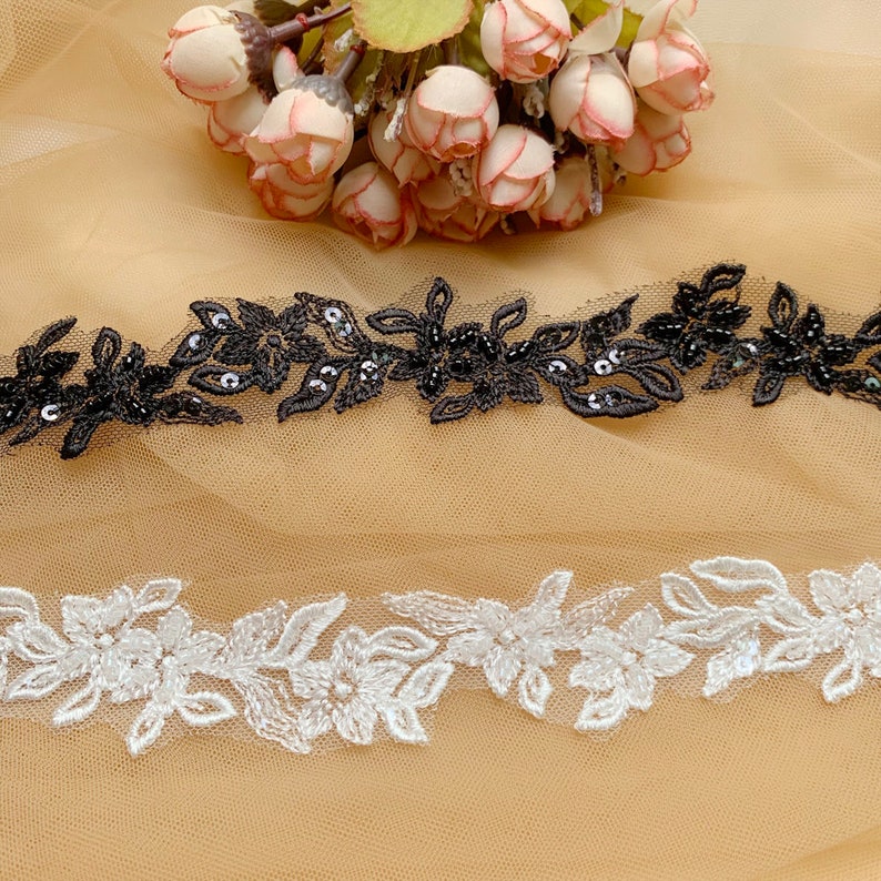 Fancy 3cm wide Floral Embroidery Sequined Beaded Light Ivory Bridal Hem Lace Trim, Small Narrow Beaded Wedding Veil Lace Trims, Sell by yard image 10