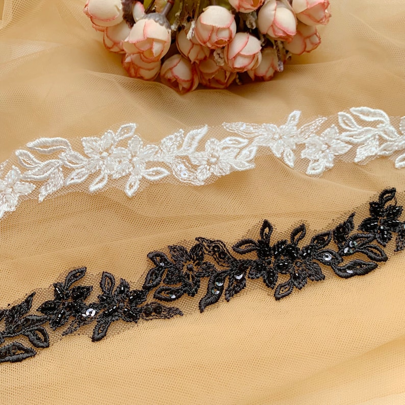 Fancy 3cm wide Floral Embroidery Sequined Beaded Light Ivory Bridal Hem Lace Trim, Small Narrow Beaded Wedding Veil Lace Trims, Sell by yard image 2