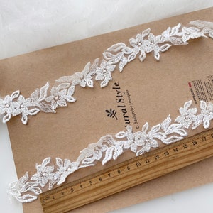 Fancy 3cm wide Floral Embroidery Sequined Beaded Light Ivory Bridal Hem Lace Trim, Small Narrow Beaded Wedding Veil Lace Trims, Sell by yard image 6