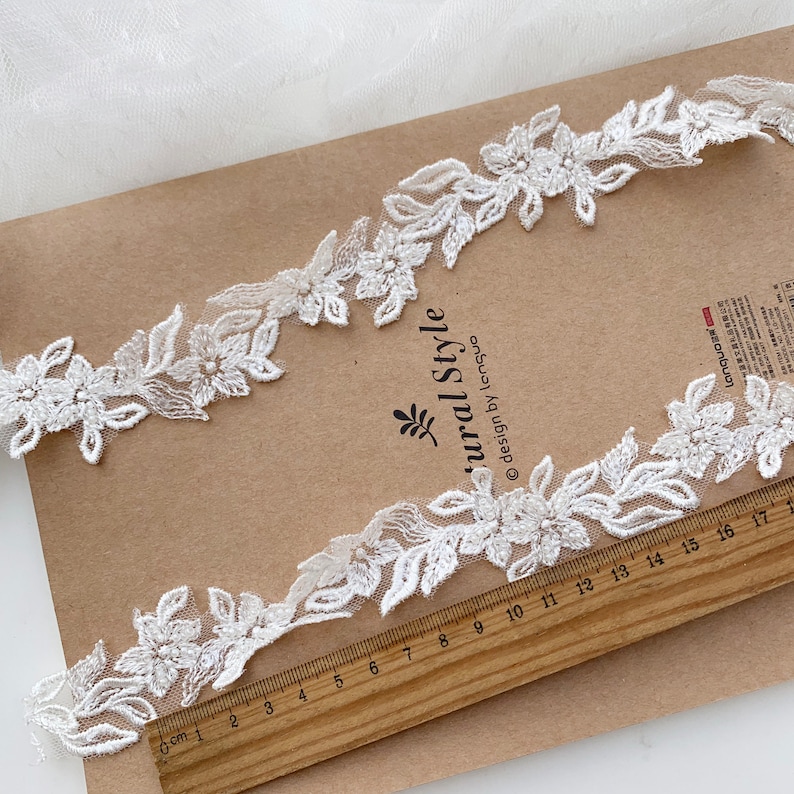 Fancy 3cm wide Floral Embroidery Sequined Beaded Light Ivory Bridal Hem Lace Trim, Small Narrow Beaded Wedding Veil Lace Trims, Sell by yard image 6