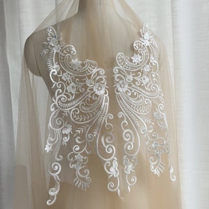 Elegant Quality Bridal Lace Applique, Clear and Black Sequined Lace Motif For Wedding Dress, Sell by piece
