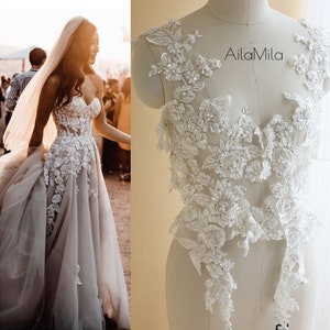 Luxury Ivory with Silver 3D Heavy Beaded Lace Applique Motif for Wedding Gown Bodice, Bridal Lace Veil