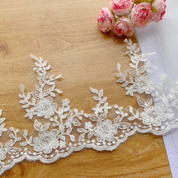 Heavy Beaded alencon lace trim, Ivory Wedding lace trim, Beaded Bridal Lace Trim, Veil Corded Lace Trim, Sell By Yard