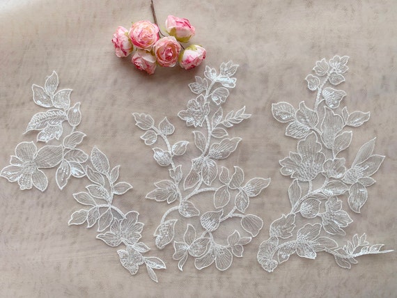 Mirror Pair Leaf Lace Applique, Cream White Sequins Embroidery