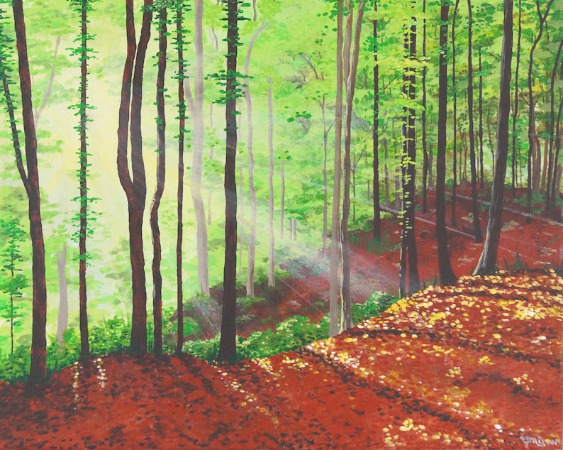 GREEN WOODLAND TREES LANDSCAPE PAINTING ART PRINT Home Decor Nature Wall Picture