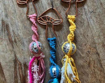 2 “ Mushroom Disco Ball Macrame Car Charm | Boho Suncatcher Accessory