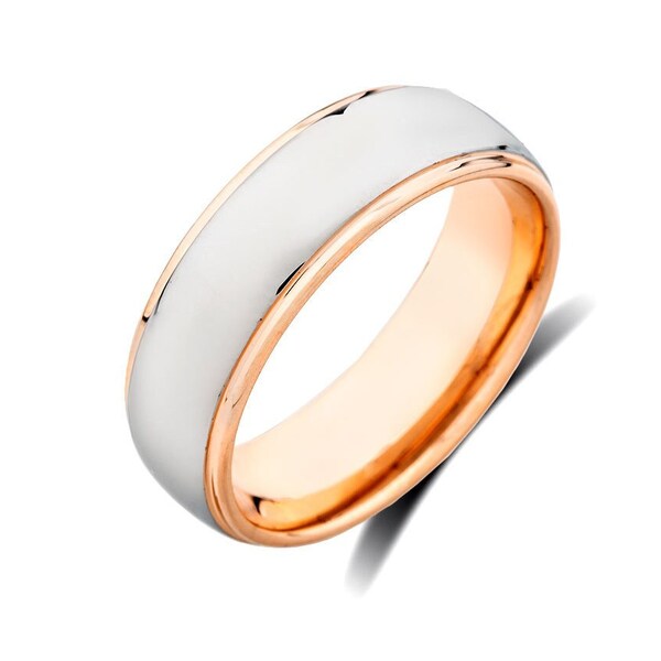Rose Gold Tungsten Ring  - High Polish Silver - Mens Wedding Band - Engagement Ring