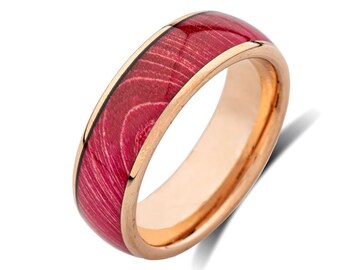 Red Wood Ring - Men's Wedding Band -Rose Gold Tungsten Ring - Engagement Ring