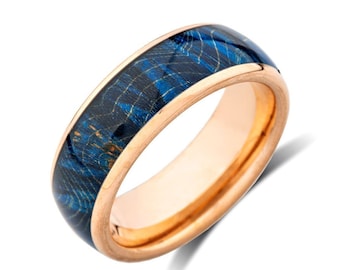 Blue Wood Ring - Men's Wedding Band -Rose Gold Tungsten Ring - Engagement Ring