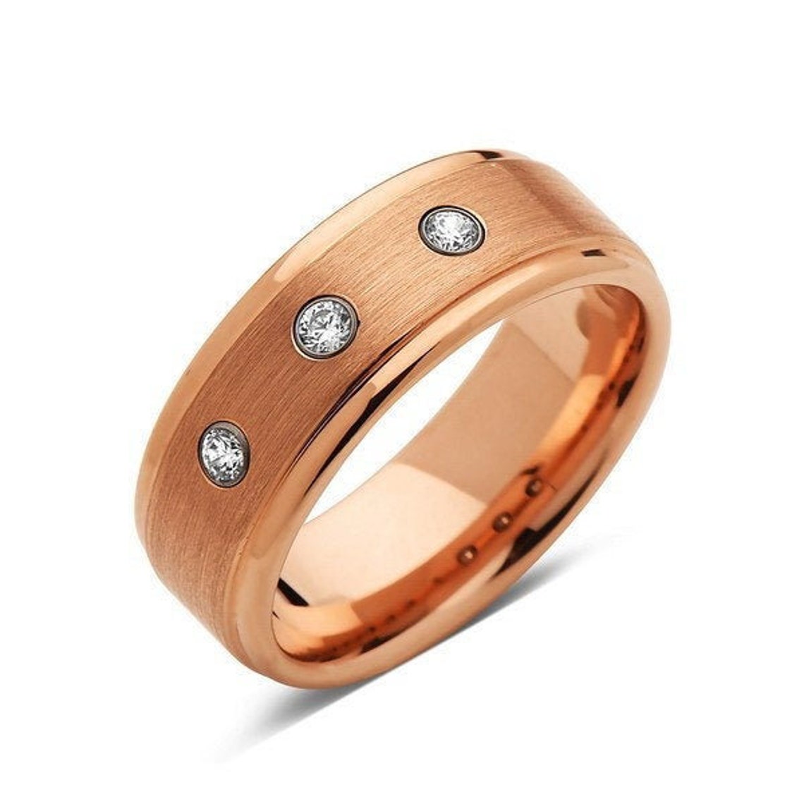 Mens Diamond Wedding Band Rose Gold Tungsten Ring Diamond image 1