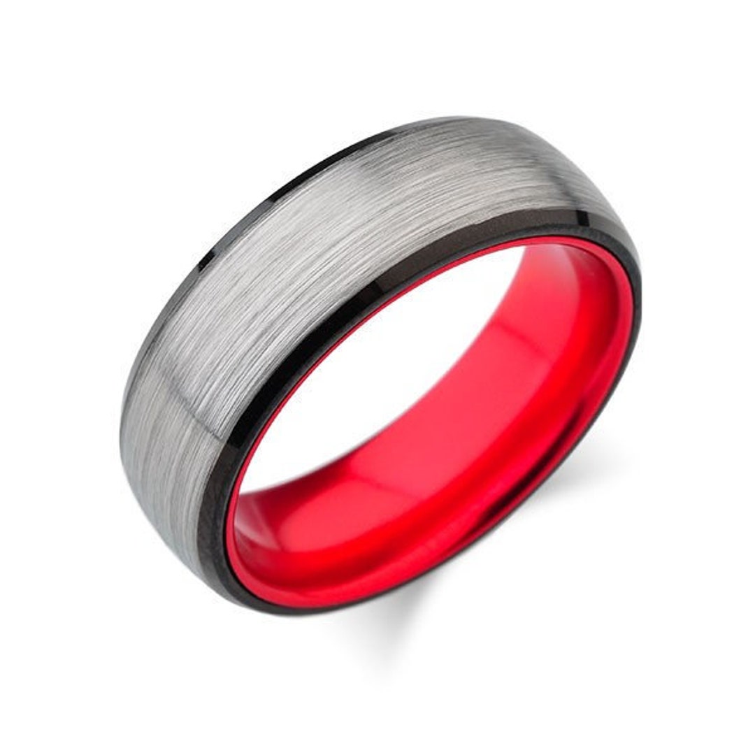 Red Mens Ring Gunmetal Gray Wedding Band Unique Engagement Etsy