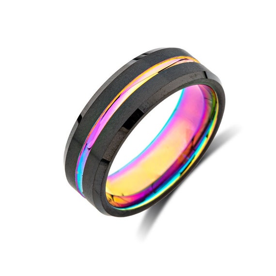 Unisex Rainbow Ring Wedding Band Promise Ring Tungsten Ring LGBTQ