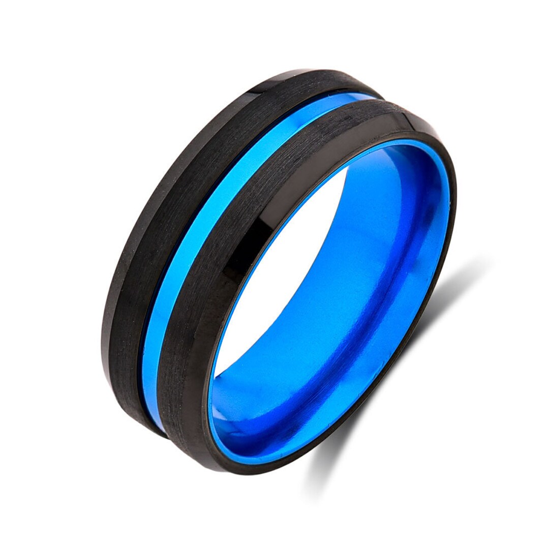 Blue Mens Wedding Band Black and Blue Tungsten Ring Designer Jewelry Unique Engagement Ring Etsy