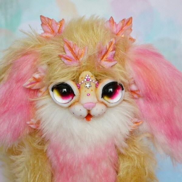 ooak pink poseable cat teddy bear troll elf monster fur toy art doll artdoll yellow moveable kawaii bjd animal heart fluf plush