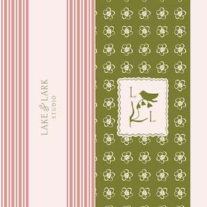 May include: A collection of six rectangular branding cards featuring the Lake & Lark Studio logo. Designs include vertical stripes, a green floral pattern with a bird icon, and illustrations of a vase with flowers in various color palettes.