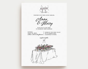 Plantilla de invitación de boda dibujada a mano, diseño de invitación de boda personalizada, boda en jardín francés, invitación de boda semipersonalizada