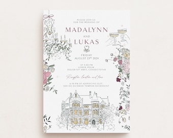Unique Custom Wedding Invitation Design, Custom Invitation for wedding, Wedding Venue Illustration, Hand Drawn invitation