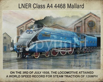 Mallard LNER Class A4 4468 Locomotive Speed Record 1938 Metal Wall Art 3 Sizes To Choose From-3
