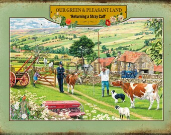 Village Bobby Returning a Stray Calf Nostalgic Summer Scene Metal Wall Sign 3 Sizes To Choose From