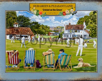 Cricket On The Village Green Nostalgic Summer Scene Metal Wall Sign 3 Sizes To Choose From