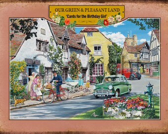 Cards for the Birthday Girl Nostalgic Village Scene Metal wall Signs 3 Sizes To Choose