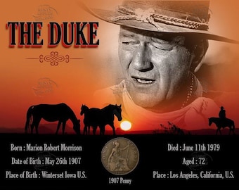 John Wayne " The Duke " Original 1907 Birth Penny Metal Designed Fact Plaque Lovely Gift