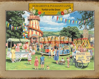 Funfair on the Village Green Nostalgic Scene  Metal Wall Art 3 Sizes To Choose From