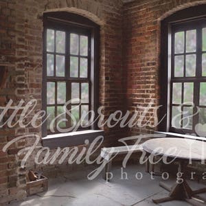 Digital Backdrop of a rustic brick room with windows and a table