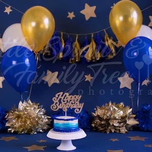Blue and gold digital background backdrop cake smash set for first birthday