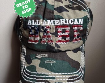 CLEARANCE Bling Crystal All American Babe Distressed Camo Adjustable Hat | USA Bling Hat | Accented With  Preciosa Maxima Crystals