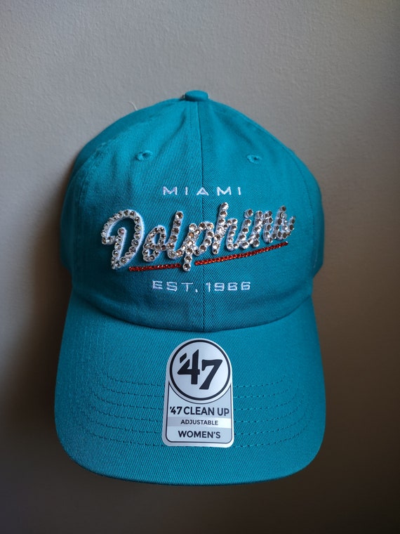 Bling Crystal Miami Dolphins Script Teal Adjustable Hat 