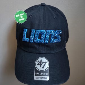 Bling Crystal Detroit Lions Script Black Adjustable Hat | NFL Football Bling Hat | Accented With Preciosa Maxima Crystals