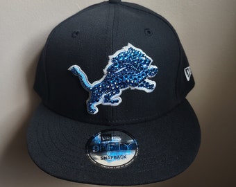 Bling Crystal Detroit Lions Flat Bill Black Adjustable Hat | NFL Football Bling Hat | Accented With Preciosa Maxima Crystals