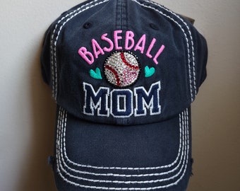 CLEARANCE Bling Crystal Baseball Mom Distressed Black Adjustable Hat | Baseball Bling Hat | Accented With Preciosa Maxima Crystals