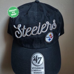 Bling Crystal Pittsburgh Steelers Script Black Adjustable Hat | NFL Bling Hat | Accented With Preciosa Maxima Crystals