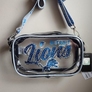 Bling Crystal Detroit Lions Script Clear Crossbody Bag | NFL Bling Bag | Clear Stadium Approved Bag | Accented With Preciosa Maxima Crystals