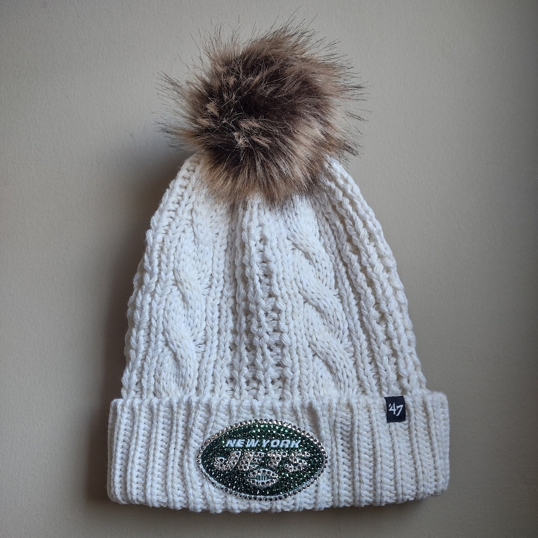 Bling Crystal New York Jets Cream Winter Beanie Hat NFL Bling Hat Bling ...