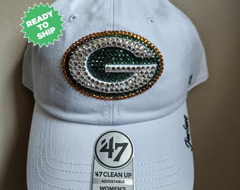 Gorra ajustable blanca de los Green Bay Packers con cristales brillantes / Gorra de fútbol americano NFL con cristales brillantes / Acentuada con cristales Preciosa Maxima