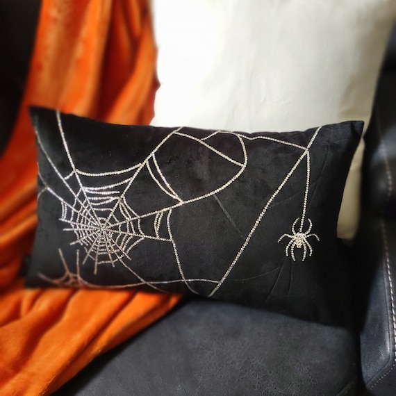 Crystal Halloween Spider Web Black Accent Pillow | Rhinestone Halloween Pillow | Bling Throw Pillow | Accented With Preciosa Maxima Crystals