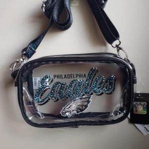 Bling Crystal PHI Eagles Script Clear Crossbody Bag | NFL Bling Bag | Clear Stadium Approved Bag | Accented With Preciosa Maxima Crystals