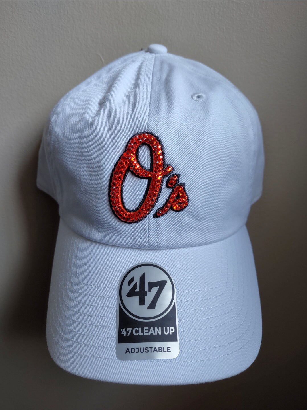 Bling Crystal Baltimore Orioles White Adjustable Hat MLB Baseball Bling Hat Accented With Preciosa Maxima Crystals