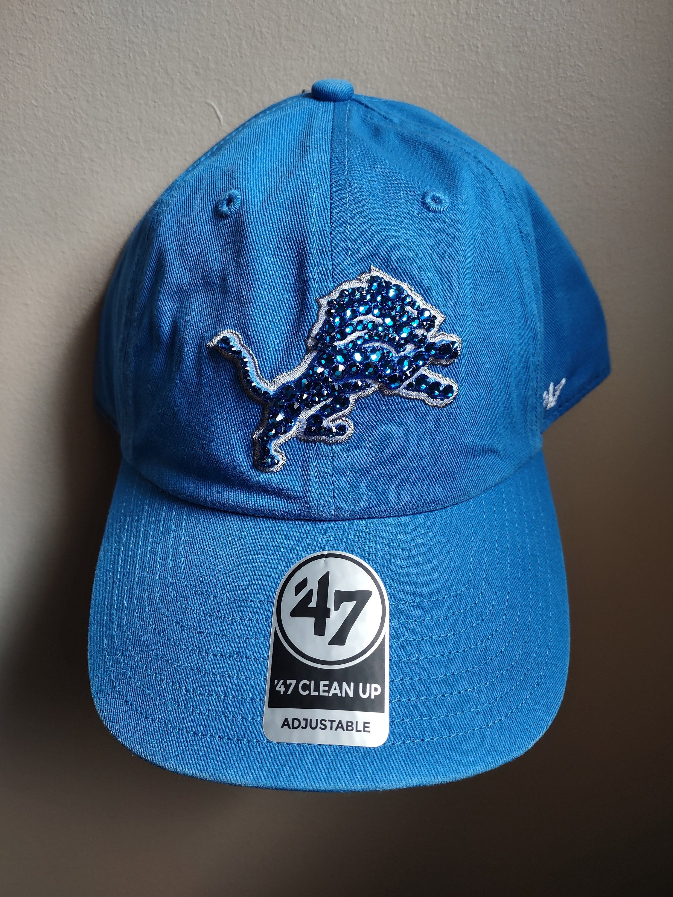 Bling Crystal Detroit Lions Blue Adjustable Hat NFL Football Bling Hat Accented With Preciosa Maxima Crystals