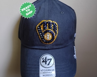 Bling Crystal Milwaukee Brewers Navy Blue Adjustable Hat | MLB Baseball Bling Hat | Accented With Preciosa Maxima Crystals